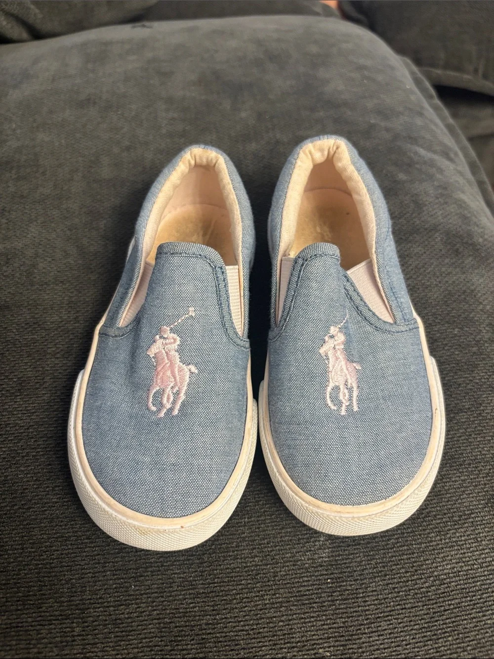 Ralph Lauren Kids Denim Blue Slip-On Sneakers with Pink Polo Logo